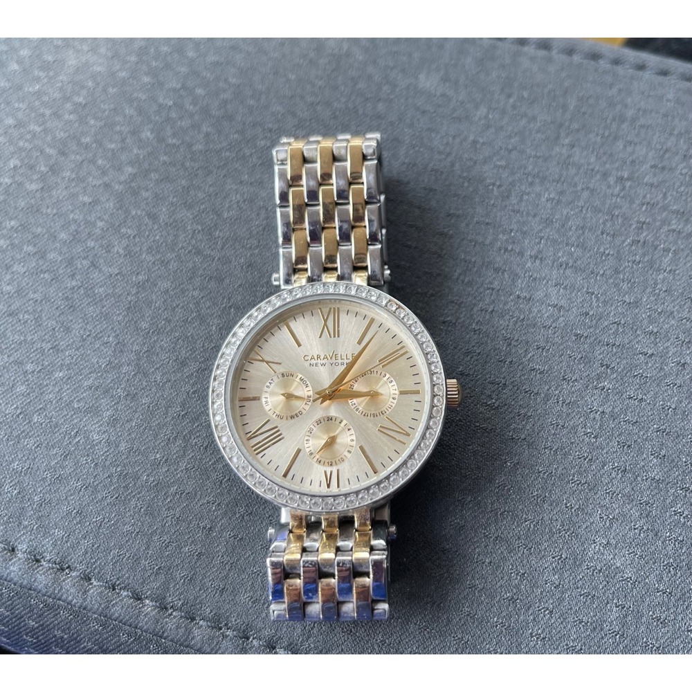 Caravelle New York by Bulova Two Tone Crystal Bezel Multi Function Watch 45N100